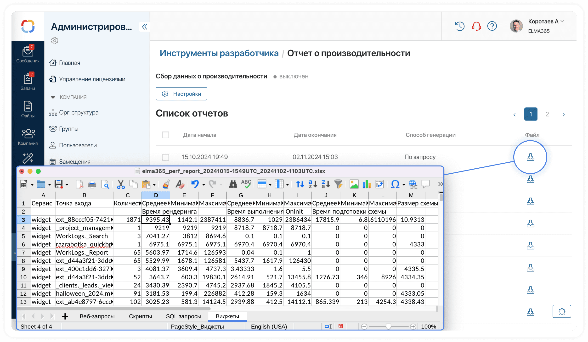 Отчет о производительности виджетов | ELMA365 Low-code Platform