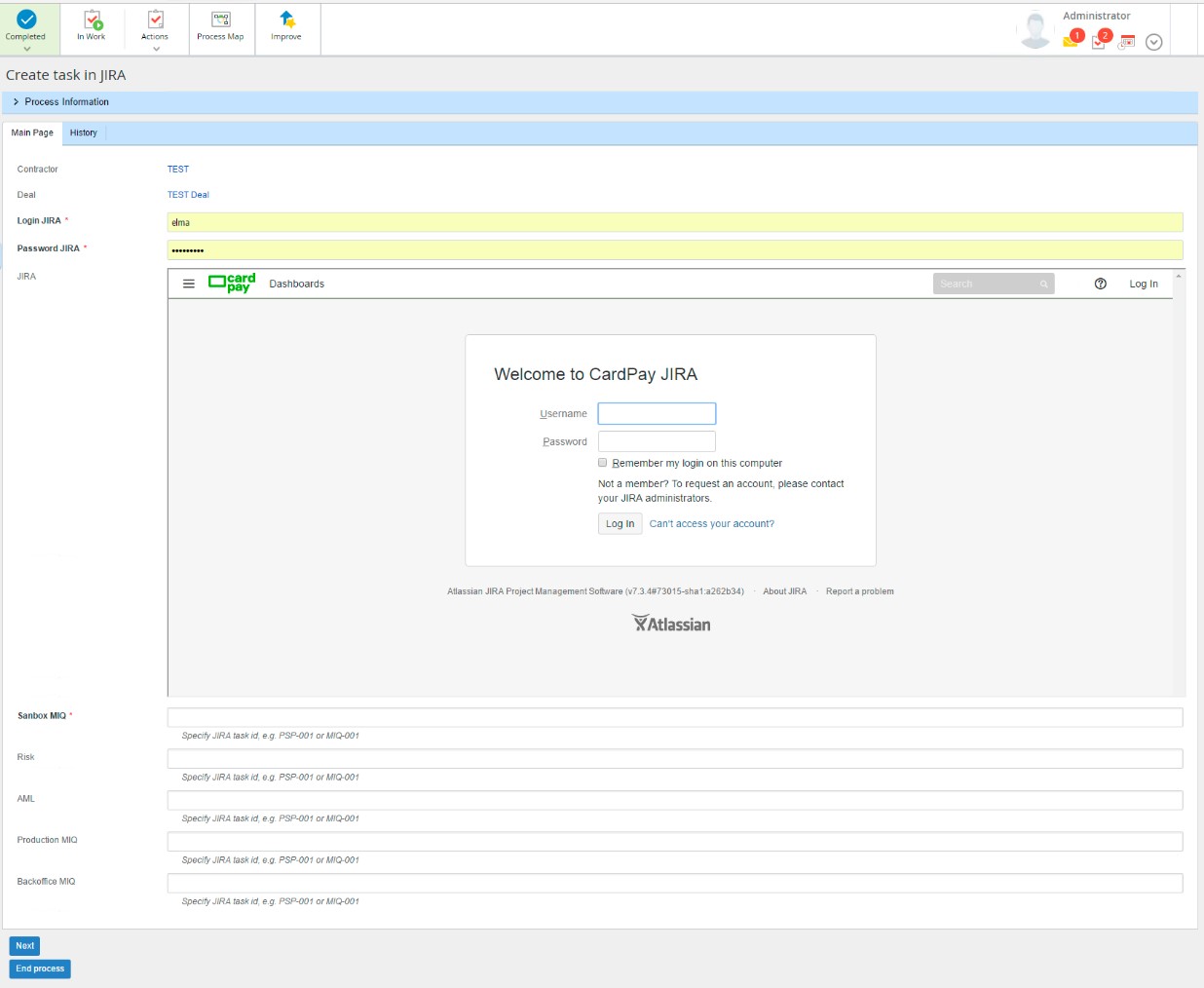 Интерфейс задачи Create task in JIRA